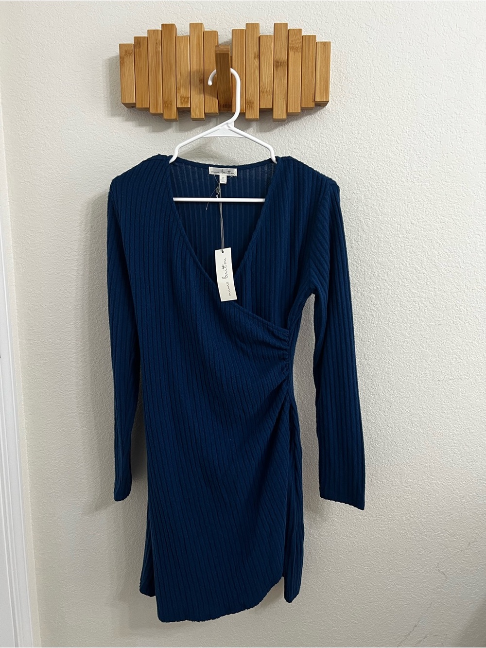 nine britton Navy Ribbed Wrap Long Sleeve Dress